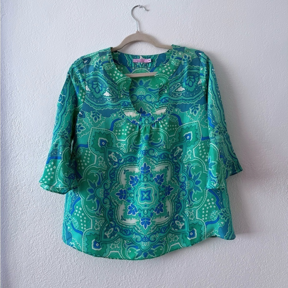Calypso Christiane Celle XS Green Blue Paisley 100% Silk Blouse Bell Sleeve